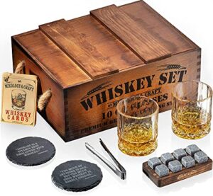 mixology & craft whiskey stones gift set for men - 2 glasses, 8 chilling rocks & wooden box - whiskey glass gift sets - jameson brown