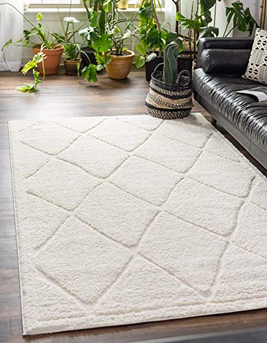 Rugs.com Lattice Shag Collection Rug – 5' x 8' Ivory Shag Rug Perfect for Living Rooms, Large Dining Rooms, Open Floorplans