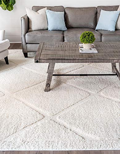Rugs.com Lattice Shag Collection Rug – 5' x 8' Ivory Shag Rug Perfect for Living Rooms, Large Dining Rooms, Open Floorplans