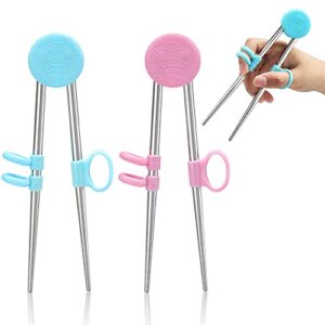 2 pairs training chopsticks for kids, children learning chopsticks helper stainless steel reusable metal chopsticks (blue, pink)