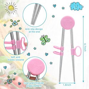 2 Pairs Training Chopsticks for Kids, Children Learning Chopsticks Helper Stainless Steel Reusable Metal Chopsticks (Blue, Pink)