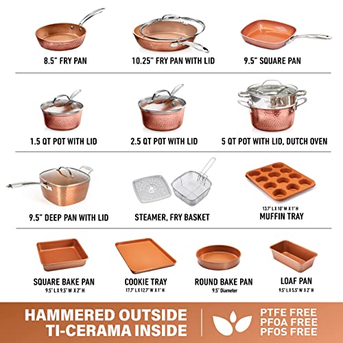 Gotham Steel Hammered Copper Collection – 20 Piece Premium Cookware & Bakeware Set with Nonstick Copper Coating, Includes Skillets, Stock Pots, Deep Square Fry Basket, Cookie Sheet and Baking Pans