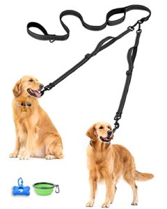 petbonus double dog leash, no tangle dual dog leash, reflective walking training leash, 4 comfortable padded handles for 2 dogs with collapsible bowl and waste bags (black, large)