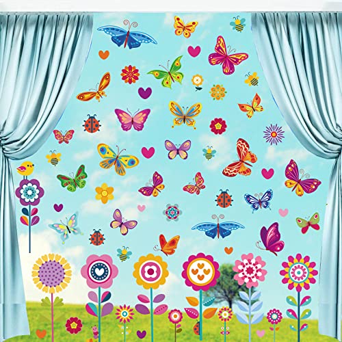 DmHirmg Spring Window Clings Butterfly Flower Window Stickers Summer Window Clings Decals Spring Static Clings for Window Glass Decoration Spring Party Baby Shower Birthday Supplies 9 Sheets