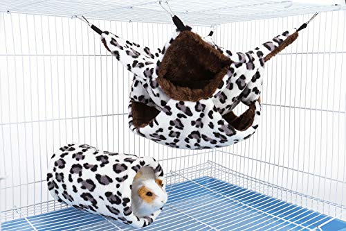 Mogoko Fleece Rat Hammock and Hideout Tunnel Set, 3 Tier Hanging Bed and Tubes for Guinea Pigs Hamster Ferret Chinchilla Cage Small Animals(White)