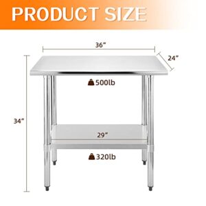 HOCCOT Stainless Steel Table for Prep & Work 24" X 36" inches with Adjustable Shelf, Commercial Workstations, Utility Table in Kitchen Garage Laundry Room Outdoor BBQ