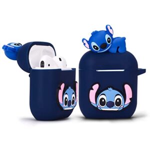stitch cartoon case for apple airpod 2nd 1st, 9 in 1 accessories set protective cover,3d anime designed silicone case/stitch keychain/metal dust sticker/anti-lost rope.the best gift