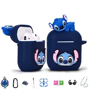 Stitch Cartoon Case for Apple Airpod 2nd 1st, 9 in 1 Accessories Set Protective Cover,3D Anime Designed Silicone Case/Stitch Keychain/Metal dust Sticker/Anti-Lost Rope.The Best Gift
