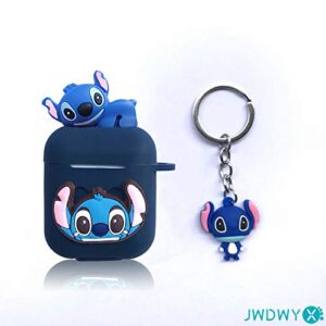 Stitch Cartoon Case for Apple Airpod 2nd 1st, 9 in 1 Accessories Set Protective Cover,3D Anime Designed Silicone Case/Stitch Keychain/Metal dust Sticker/Anti-Lost Rope.The Best Gift