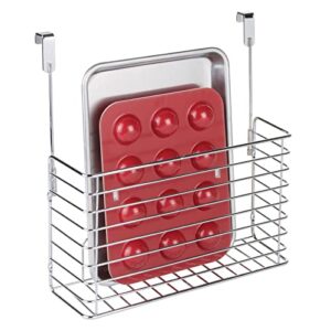 mdesign metal wire kitchen bakeware organizer basket - hang over cabinet door - storage for baking sheets, cupcake tins, cutting boards, foil, or plastic wrap - concerto collection - chrome