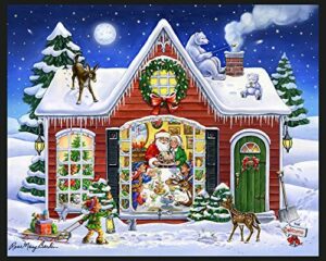 santa's house by rose mary berlin - christmas panel - digitally printed fabric - santa elves deer bears - country home winter scene - 100% cotton