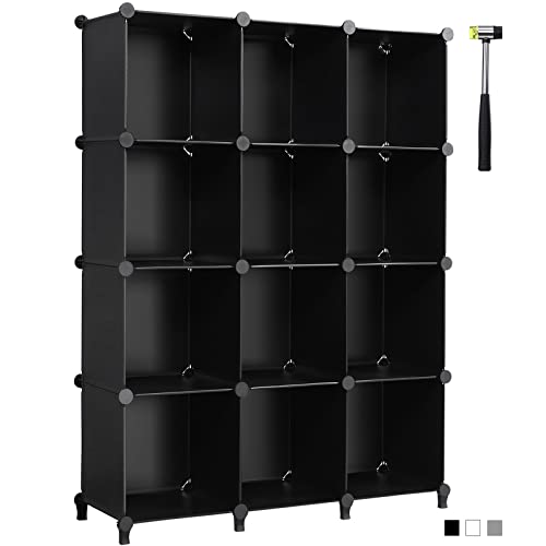 ANWBROAD Cube Storage Organizer 12-Cube DIY Closet Storage Cabinet Book Shelf Kids Organizers and Storage for Bedroom Closet Organizer Cubby Shelving Plastic Office Living Room Black ULCS012B