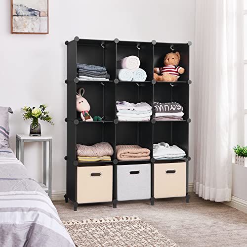 ANWBROAD Cube Storage Organizer 12-Cube DIY Closet Storage Cabinet Book Shelf Kids Organizers and Storage for Bedroom Closet Organizer Cubby Shelving Plastic Office Living Room Black ULCS012B