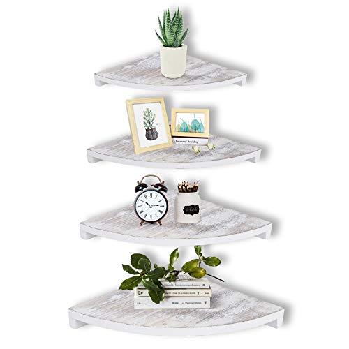 WGFKVAS Corner Shelf Wall Mounted Set of 4, White Corner Shelves, Floating Corner Bookcase, Wall Storage Shelves for Wall Decor Living Room, Bedroom, Bathroom, Rustic, Solid Wood