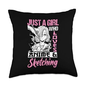 funny sketching manga anime merch women men kids otaku gift just a girl who loves anime and sketching throw pillow, 18x18, multicolor