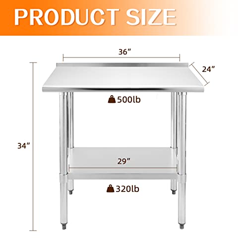 HOCCOT Stainless Steel Table for Prep & Work 24" X 36" inches with Adjustable Shelf and Backsplash, Commercial Workstations, Utility Table in Kitchen Garage Laundry Room Outdoor BBQ