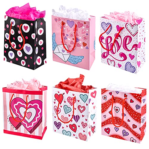 JOYIN 12 Pcs Valentine's Day Paper Gift Bags with with Tissue, Paper Wrapping Kraft Bags for Funny Gift Giving Novelty Gift Exchange Gift Wrapping Valentines Gift Bags Party Favors