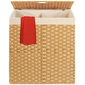 best choice products wicker double laundry hamper, rustic divided storage basket w/easy assembly, removable washable linen liner bag, lid, handles - natural