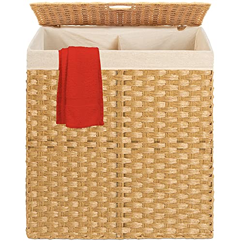 Best Choice Products Wicker Double Laundry Hamper, Rustic Divided Storage Basket w/Easy Assembly, Removable Washable Linen Liner Bag, Lid, Handles - Natural