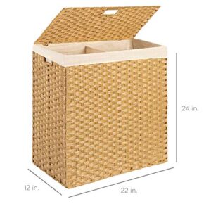 Best Choice Products Wicker Double Laundry Hamper, Rustic Divided Storage Basket w/Easy Assembly, Removable Washable Linen Liner Bag, Lid, Handles - Natural