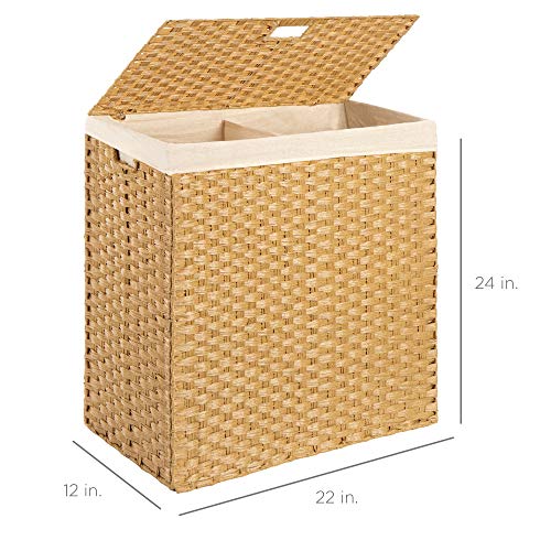 Best Choice Products Wicker Double Laundry Hamper, Rustic Divided Storage Basket w/Easy Assembly, Removable Washable Linen Liner Bag, Lid, Handles - Natural