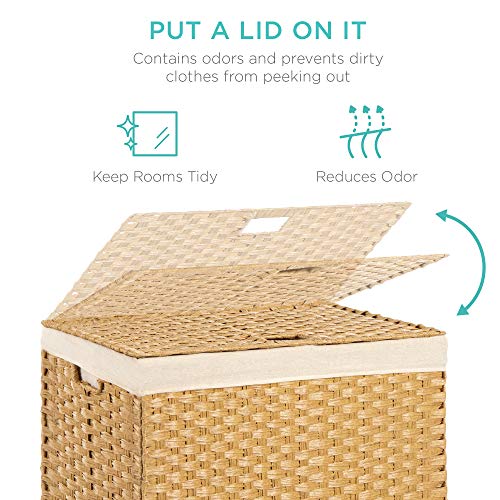 Best Choice Products Wicker Double Laundry Hamper, Rustic Divided Storage Basket w/Easy Assembly, Removable Washable Linen Liner Bag, Lid, Handles - Natural