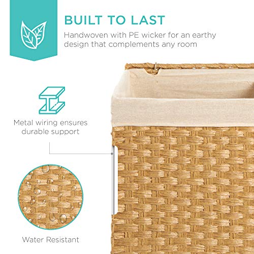 Best Choice Products Wicker Double Laundry Hamper, Rustic Divided Storage Basket w/Easy Assembly, Removable Washable Linen Liner Bag, Lid, Handles - Natural