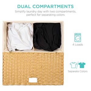 Best Choice Products Wicker Double Laundry Hamper, Rustic Divided Storage Basket w/Easy Assembly, Removable Washable Linen Liner Bag, Lid, Handles - Natural