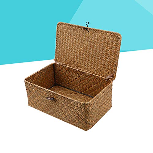 VORCOOL Shelf Baskets with Lid Handwoven Small Boxes Seagrass Storage Basket Desktop Makeup Organizer Rectangular Storage Cube Household Storage Box 23x13x8CM