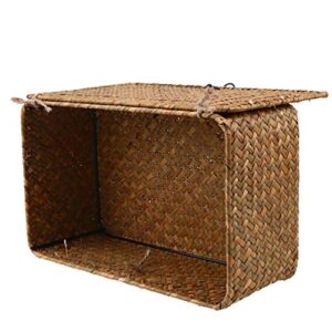 VORCOOL Shelf Baskets with Lid Handwoven Small Boxes Seagrass Storage Basket Desktop Makeup Organizer Rectangular Storage Cube Household Storage Box 23x13x8CM