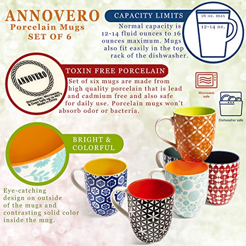 Annovero Coffee Mugs, Set of 6 Modern Colorful Cute Porcelain Mugs/Cups with Large Handle, for Women or Men, Great for Tea, Cocoa or Hot Chocolate, 16 Fluid Ounce Capacity