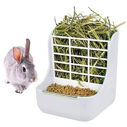 Rabbit Feeder Bunny Guinea Pig Hay Feeder, Hay Food Bin Feeder, Hay and Food Feeder Bowls Manger Rack for Rabbit Guinea Pig Chinchilla (White+)