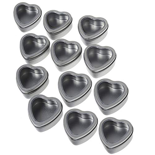 NUOMI 12 Pcs Heart Shaped Tinplate Boxes with Clear Lids Mini Empty Storage Tin Cases for Candy, Candle, Chotolate, Beads, Party Favors, Crafts, 2 oz