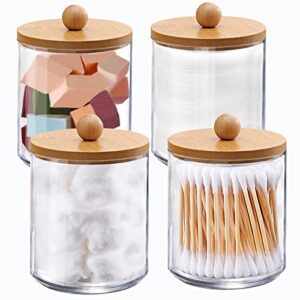 wisiew apothecary jars bathroom vanity organizer - 4 pack 10 oz q-tips dispenser holder, clear plastic jar with lids makeup organizer holder for cotton swab rounds ball, floss picks, bath salts