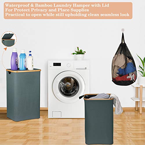 BEENLE 82L Bamboo Large Laundry Hamper with Lip and Detachable Laundry Bags, Dirty Clothes Basket with Lid & Handles, Collapsible Laundry Baskets Bedroom Washing Bin for Clothing Organization Toys