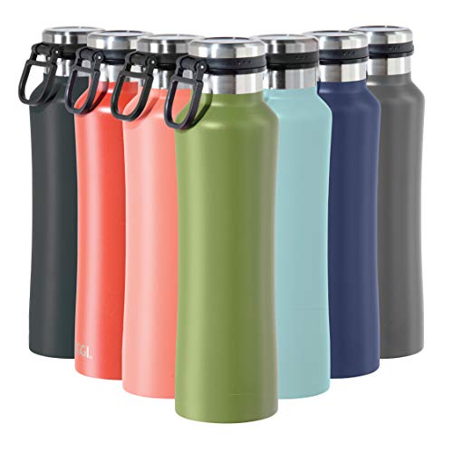 Oggi Summit Vacuum Insulated stainless steel bottle - Olive, 19 oz, with flip top lid and easy grip carrying handle for hot and cold beverages.