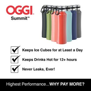 Oggi Summit Vacuum Insulated stainless steel bottle - Olive, 19 oz, with flip top lid and easy grip carrying handle for hot and cold beverages.