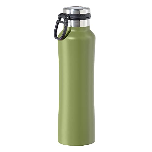 Oggi Summit Vacuum Insulated stainless steel bottle - Olive, 19 oz, with flip top lid and easy grip carrying handle for hot and cold beverages.