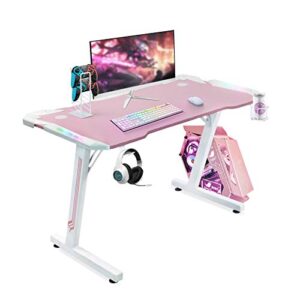 youthup gaming desk with led lights, 43" z shaped rgb gaming computer desk table, ergonomic pc workstation with remote control, cup holder, handle rack, headphone hook for home office use (pink)