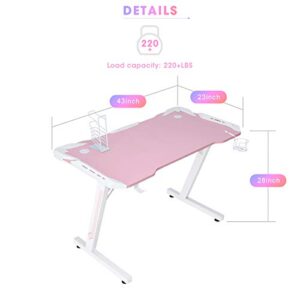 YOUTHUP Gaming Desk with LED Lights, 43" Z Shaped RGB Gaming Computer Desk Table, Ergonomic PC Workstation with Remote Control, Cup Holder, Handle Rack, Headphone Hook for Home Office Use (Pink)