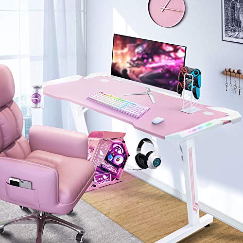 YOUTHUP Gaming Desk with LED Lights, 43" Z Shaped RGB Gaming Computer Desk Table, Ergonomic PC Workstation with Remote Control, Cup Holder, Handle Rack, Headphone Hook for Home Office Use (Pink)