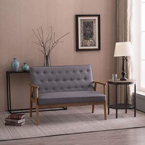 bonnlo mid-century sofa couch for 2,wooden loveseat sofa modern upholstered loveseat sofa living room 2-seater lounge accent chair, fabric grey
