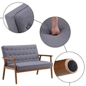 Bonnlo Mid-Century Sofa Couch for 2,Wooden Loveseat Sofa Modern Upholstered Loveseat Sofa Living Room 2-Seater Lounge Accent Chair, Fabric Grey