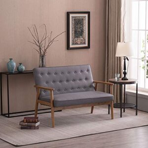 Bonnlo Mid-Century Sofa Couch for 2,Wooden Loveseat Sofa Modern Upholstered Loveseat Sofa Living Room 2-Seater Lounge Accent Chair, Fabric Grey
