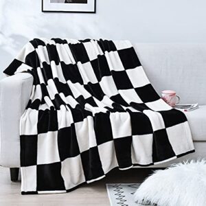 vessia large flannel fleece plush blanket throw size(50"x70") - black and white checker lightweight blanket - 300gsm soft cozy comfy microfiber checkboard blanket for sofa,couch,bed,chair