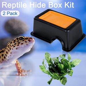 Hamiledyi Reptile Hide Box Gecko Hideout Cave with Sink Humidifier Lizards Hideaway Hut Flexible Leaves Pet Habitat Decor for Snakes Leopard Spiders Turtles Amphibians