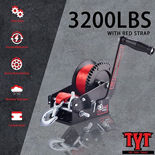 TYT 3200LB Boat Trailer Strap Winch with 10M (33ft) Red Nylon Strap, High-Efficiency Transmission Ratio 4:1/8:1 Gear Manual Hand Crank Winch for Towing Pulling Boat Trailer Truck RV ATV Jet Ski Winch