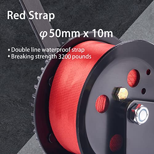 TYT 3200LB Boat Trailer Strap Winch with 10M (33ft) Red Nylon Strap, High-Efficiency Transmission Ratio 4:1/8:1 Gear Manual Hand Crank Winch for Towing Pulling Boat Trailer Truck RV ATV Jet Ski Winch