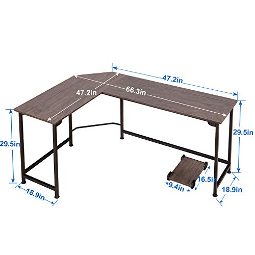 VECELO Corner Desk 66" with CPU Stand/PC Laptop Study Writing Table Workstation for Home Office Wood & Metal,Coffee+Black Leg, L-Shaped