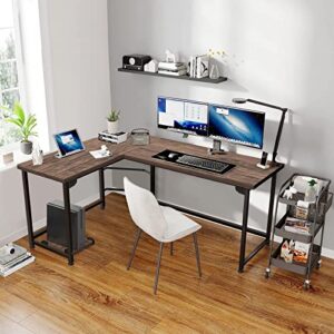 VECELO Corner Desk 66" with CPU Stand/PC Laptop Study Writing Table Workstation for Home Office Wood & Metal,Coffee+Black Leg, L-Shaped